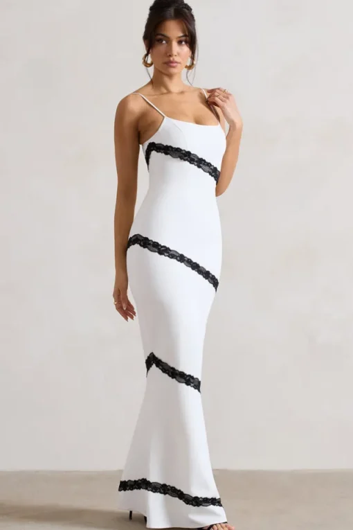 Elizabeth | White u0026 Black Strappy Lace-Trimmed Maxi Dress