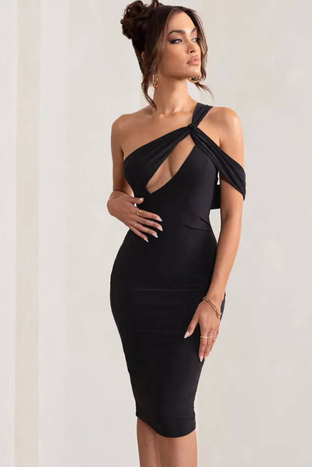 Ella | Black Asymmetric Neck Cut Out Midi Dress