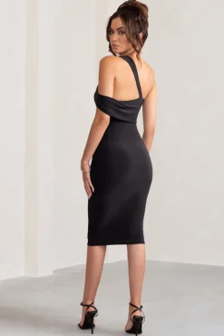 Ella | Black Asymmetric Neck Cut Out Midi Dress