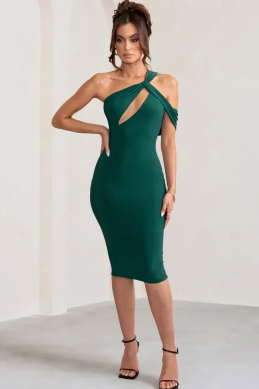Ella | Bottle Green Asymmetric Neck Cut Out Midi Dress