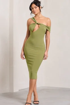 Ella | Olive Asymmetric Neck Cut Out Midi Dress