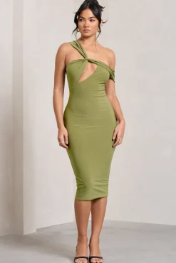 Ella | Olive Asymmetric Neck Cut Out Midi Dress