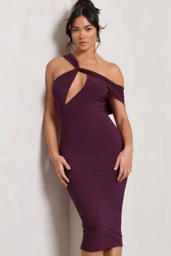 Ella | Plum Asymmetric Neck Cut Out Midi Dress