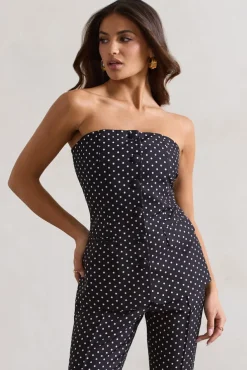Elliana | Black Polka Dot Strapless Button Front Tailored Top