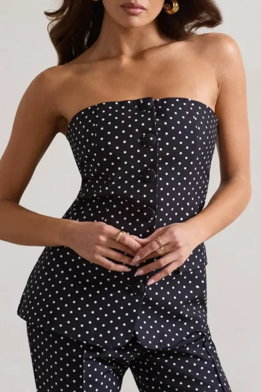 Elliana | Black Polka Dot Strapless Button Front Tailored Top