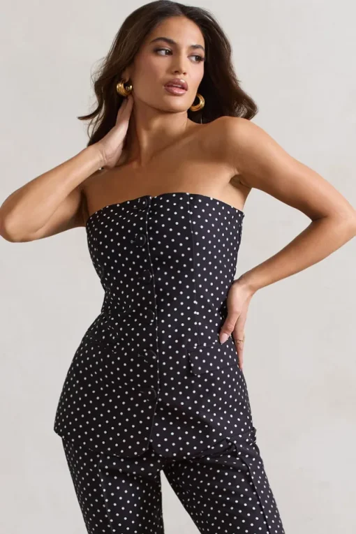 Elliana | Black Polka Dot Strapless Button Front Tailored Top
