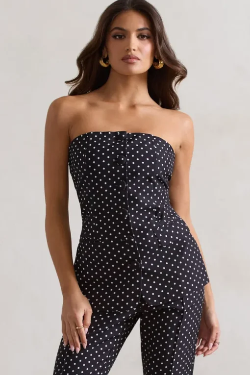 Elliana | Black Polka Dot Strapless Button Front Tailored Top