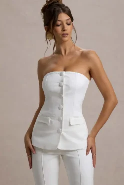 Elliana | White Strapless Button Front Tailored Top