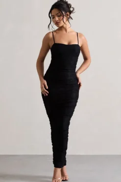 Ellis | Black Lace Strappy Bodycon Maxi Dress