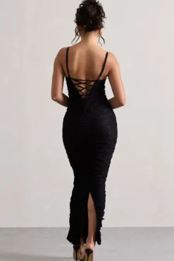 Ellis | Black Lace Strappy Bodycon Maxi Dress