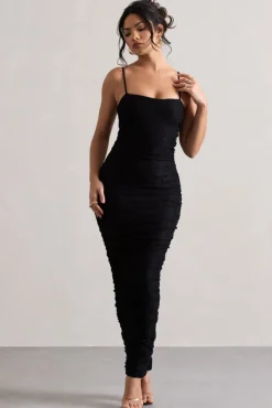 Ellis | Black Lace Strappy Bodycon Maxi Dress