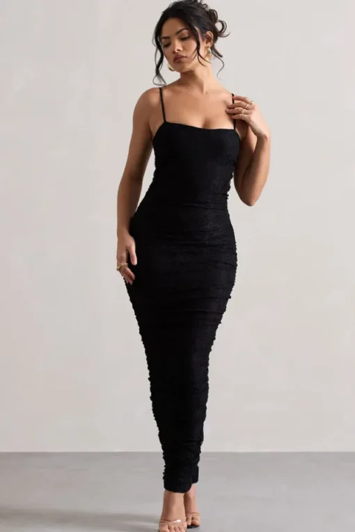 Ellis | Black Lace Strappy Bodycon Maxi Dress