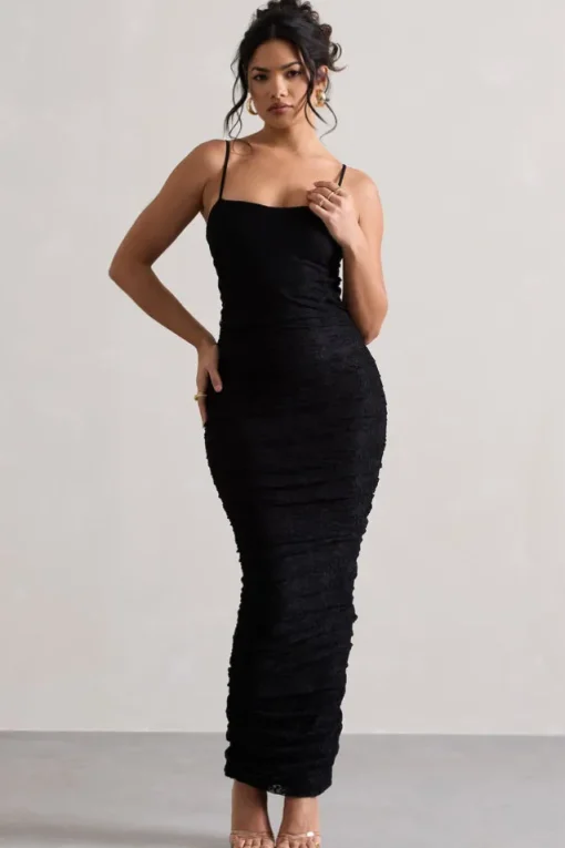 Ellis | Black Lace Strappy Bodycon Maxi Dress