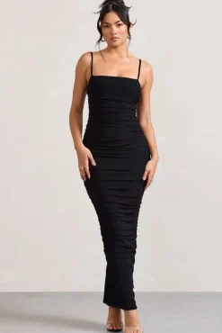 Ellis | Black Ruched Mesh Strappy Bodycon Maxi Dress