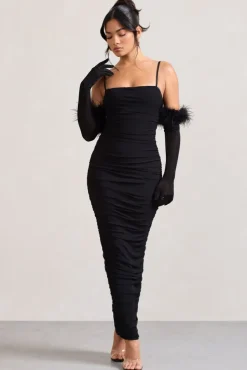 Ellis | Black Ruched Mesh Strappy Bodycon Maxi Dress