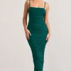 Ellis | Bottle Green Ruched Mesh Strappy Bodycon Maxi Dress
