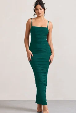 Ellis | Bottle Green Ruched Mesh Strappy Bodycon Maxi Dress