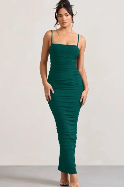 Ellis | Bottle Green Ruched Mesh Strappy Bodycon Maxi Dress