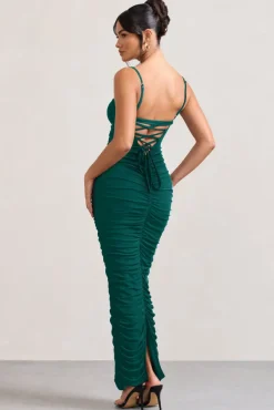 Ellis | Bottle Green Ruched Mesh Strappy Bodycon Maxi Dress