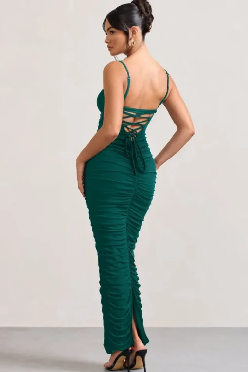 Ellis | Bottle Green Ruched Mesh Strappy Bodycon Maxi Dress