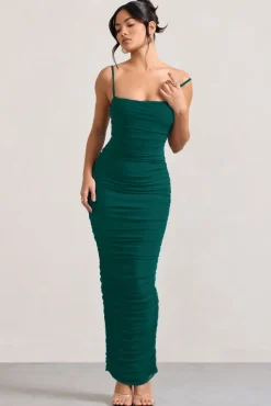 Ellis | Bottle Green Ruched Mesh Strappy Bodycon Maxi Dress