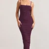Ellis | Plum Ruched Mesh Strappy Bodycon Maxi Dress