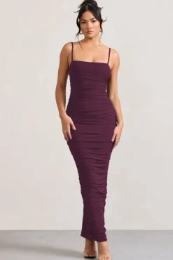 Ellis | Plum Ruched Mesh Strappy Bodycon Maxi Dress