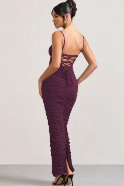 Ellis | Plum Ruched Mesh Strappy Bodycon Maxi Dress