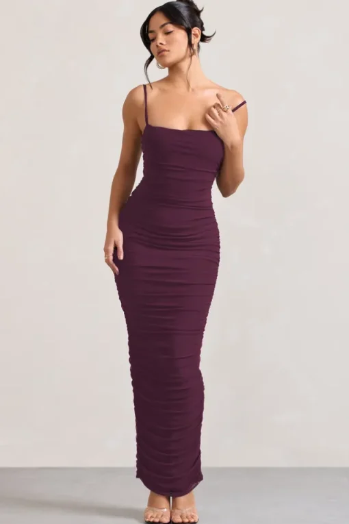 Ellis | Plum Ruched Mesh Strappy Bodycon Maxi Dress