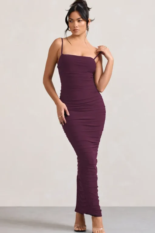 Ellis | Plum Ruched Mesh Strappy Bodycon Maxi Dress