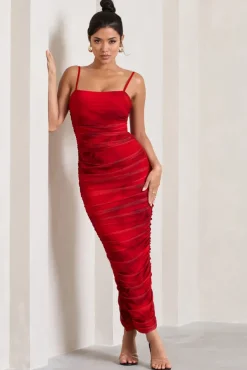 Ellis | Red Rose Printed Ruched Mesh Strappy Bodycon Maxi Dress