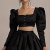 Eloisa | Black Satin Puff-Sleeve Cropped Jacket