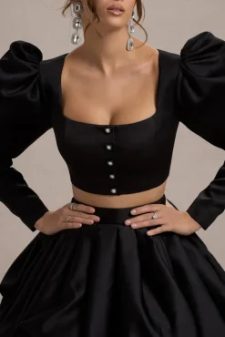 Eloisa | Black Satin Puff-Sleeve Cropped Jacket