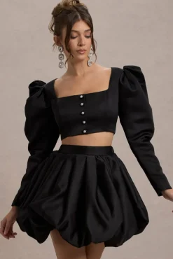 Eloisa | Black Satin Puff-Sleeve Cropped Jacket