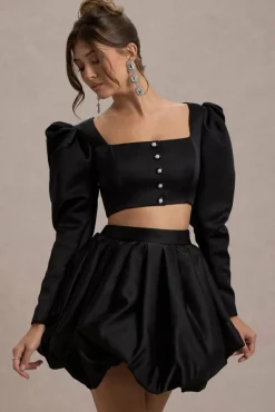 Eloisa | Black Satin Puff-Sleeve Cropped Jacket