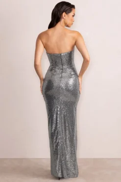 Eloriana | Gunmetal Sequin Bandeau Wrap Skirt Maxi Dress With Side Split