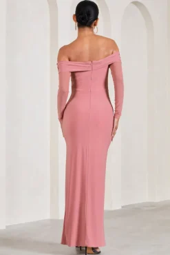 Elsie | Blush Pink Bardot Long-Sleeved Maternity Maxi Dress