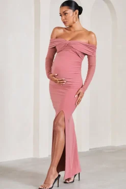 Elsie | Blush Pink Bardot Long-Sleeved Maternity Maxi Dress