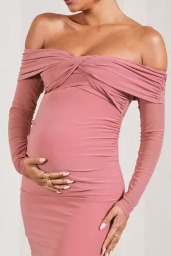 Elsie | Blush Pink Bardot Long-Sleeved Maternity Maxi Dress