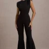 Elyna | Black High-Neck Draped Flared-Leg Jumpsuit