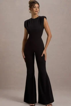 Elyna | Black High-Neck Draped Flared-Leg Jumpsuit