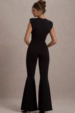 Elyna | Black High-Neck Draped Flared-Leg Jumpsuit