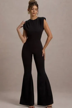 Elyna | Black High-Neck Draped Flared-Leg Jumpsuit