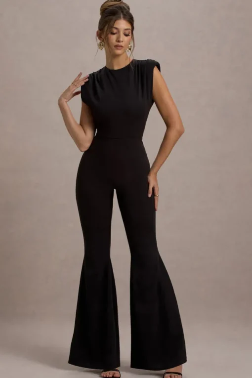 Elyna | Black High-Neck Draped Flared-Leg Jumpsuit