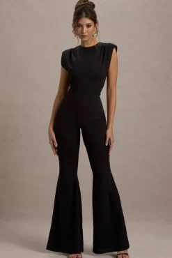 Elyna | Black High-Neck Draped Flared-Leg Jumpsuit