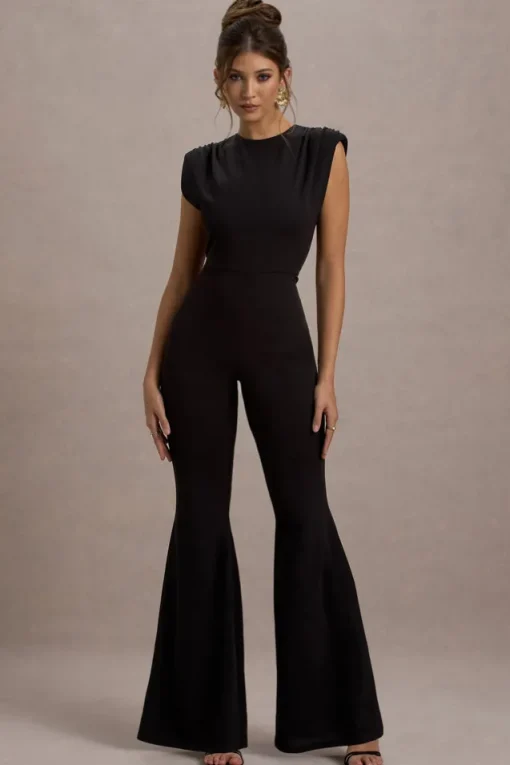 Elyna | Black High-Neck Draped Flared-Leg Jumpsuit