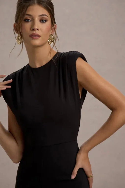Elyna | Black High-Neck Draped Flared-Leg Jumpsuit
