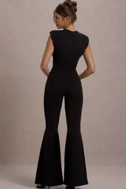 Elyna | Black High-Neck Draped Flared-Leg Jumpsuit