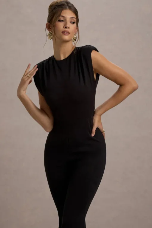 Elyna | Black High-Neck Draped Flared-Leg Jumpsuit