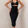 Embody | Black Cut Out Twist Front Ruched Midi Dress